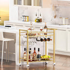 Buildhom 2-Tier Bar Cart with Wheels, Rolling Serving Cart with Wine Rack & Glass Holder for Kitchen, Living Room, Dining Room, Gold