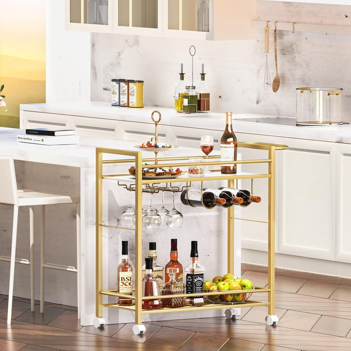 Buildhom 2-Tier Bar Cart with Wheels, Rolling Serving Cart with Wine Rack & Glass Holder for Kitchen, Living Room, Dining Room, Gold