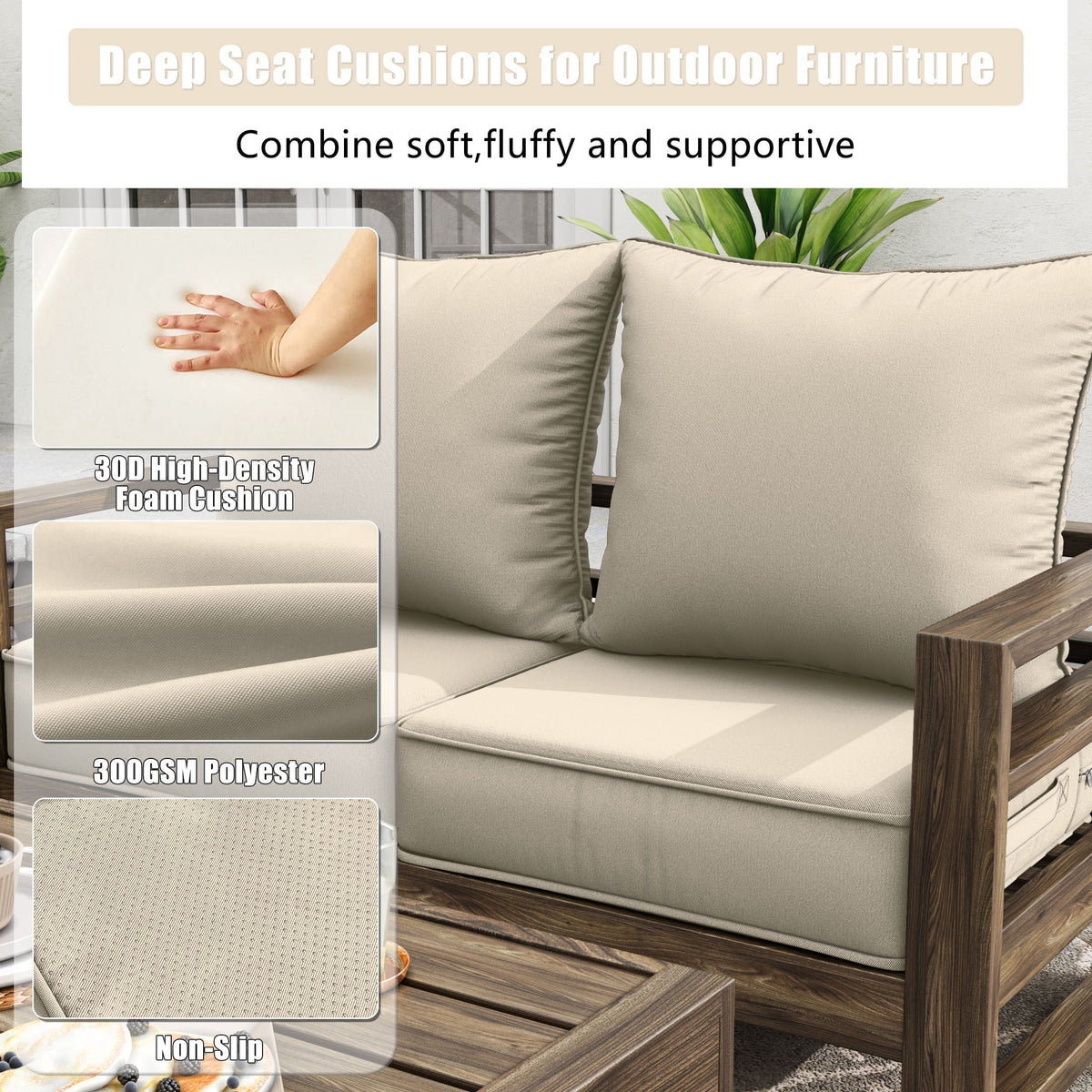 Kimunuk Outdoor Deep Seat Cushion Set for Patio Furniture, Splash-Proof & Fade Resistant, 24" L X 24" W X 5" H, Cream