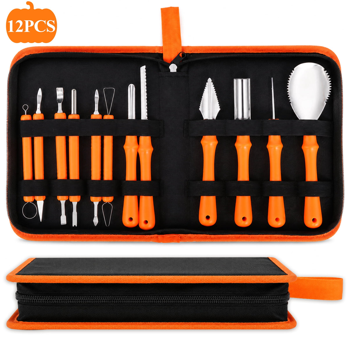 Topsome Halloween Pumpkin Carving Kit, 12 Pcs Professional Heavy Duty Pumpkin Carving Set, Stainless Steel Double-side Sculpting Tool for Halloween Decoration Jack-O-Lanterns
