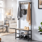 Yaheetech 73'' H Metal Hall Tree Entryway Coat Rack with Shoe Storage Bench & 9 Movable Hooks,Gray