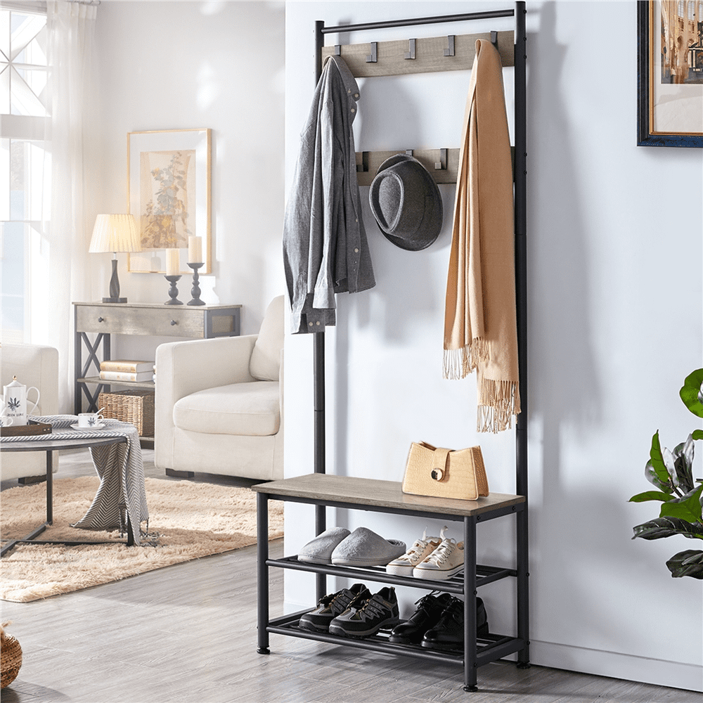 Yaheetech 73'' H Metal Hall Tree Entryway Coat Rack with Shoe Storage Bench & 9 Movable Hooks,Gray