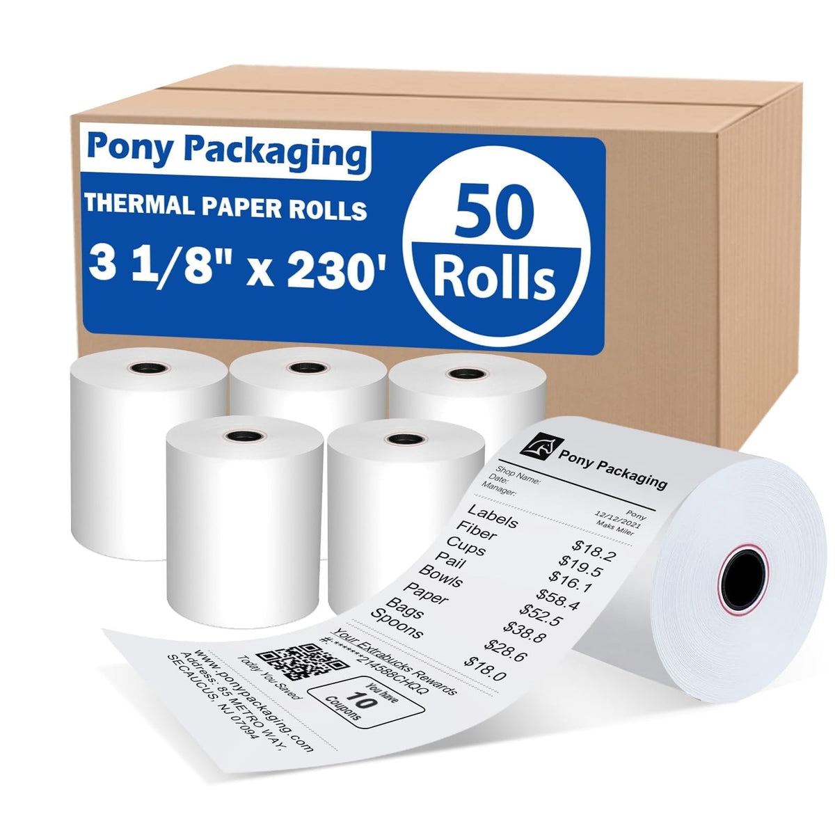 3 1/8" x 230' Thermal Receipt Printer Paper 50 Rolls POS Cash Register Compatible Fits All POS Cash Registers BPA Free