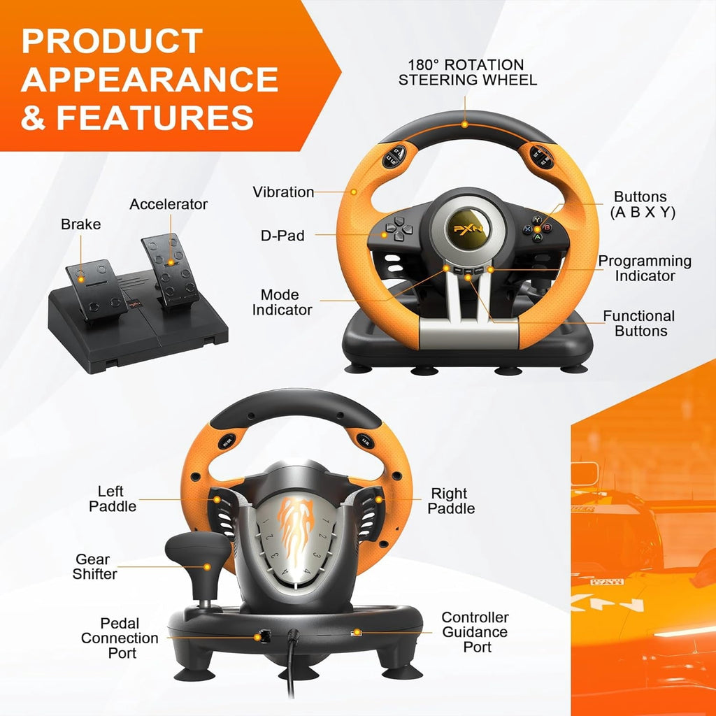 PXN V3 Racing Wheel, 180° Steering Wheel with Linear Pedals and Paddle Shifters, Compatible with Xbox Series X|S, PC, PS4 and Nintendo Switch, Orange