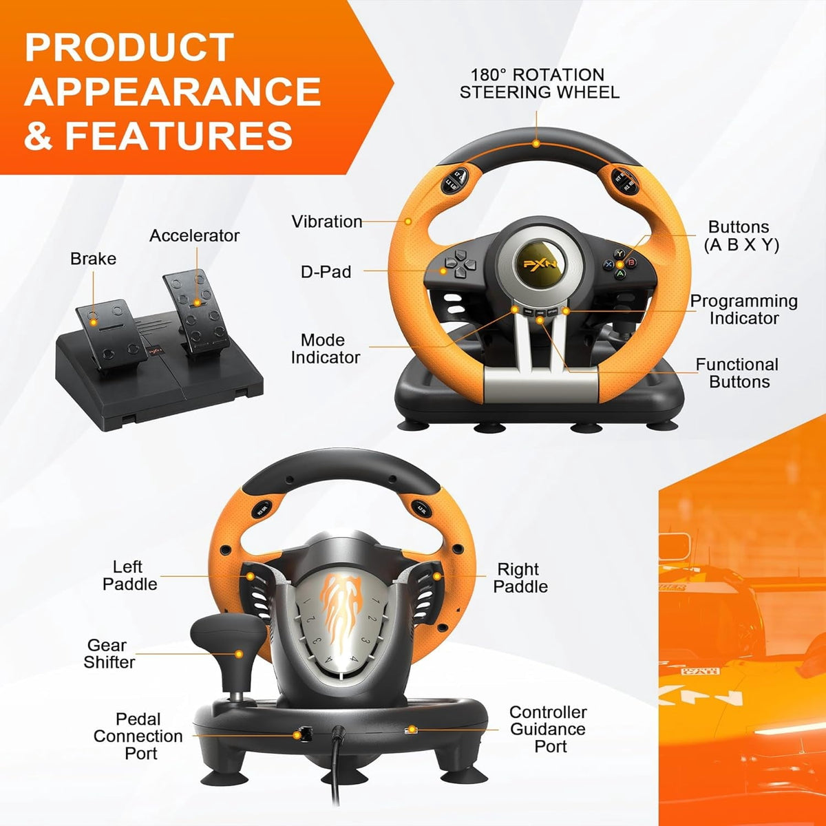 PXN V3 Racing Wheel, 180° Steering Wheel with Linear Pedals and Paddle Shifters, Compatible with Xbox Series X|S, PC, PS4 and Nintendo Switch, Orange