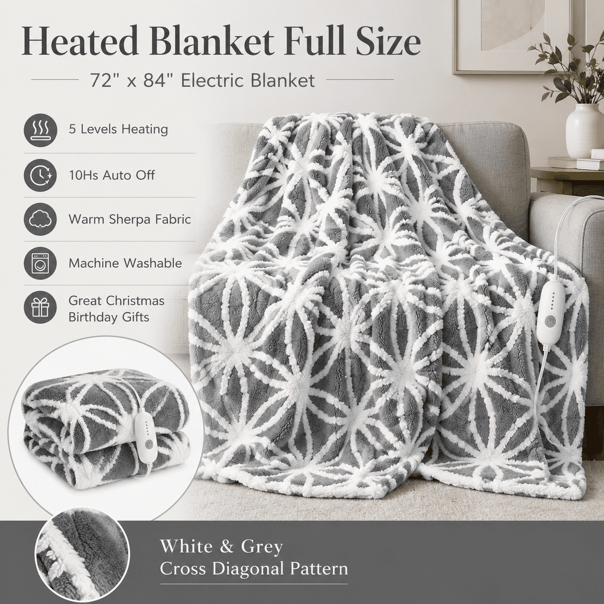SUNNY HEAT Electric Heated Blanket 5 Heating Levels & 10 H Auto Shut Off, Warm Sherpa & Breathable, 72x84 Inch, Gray