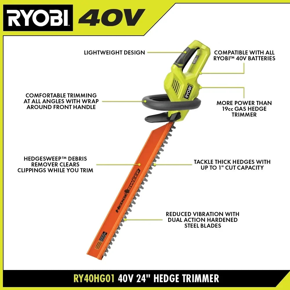 RYOBI 40V 24" Hedge Trimmer Kit - 40V 2Ah Lithium Battery