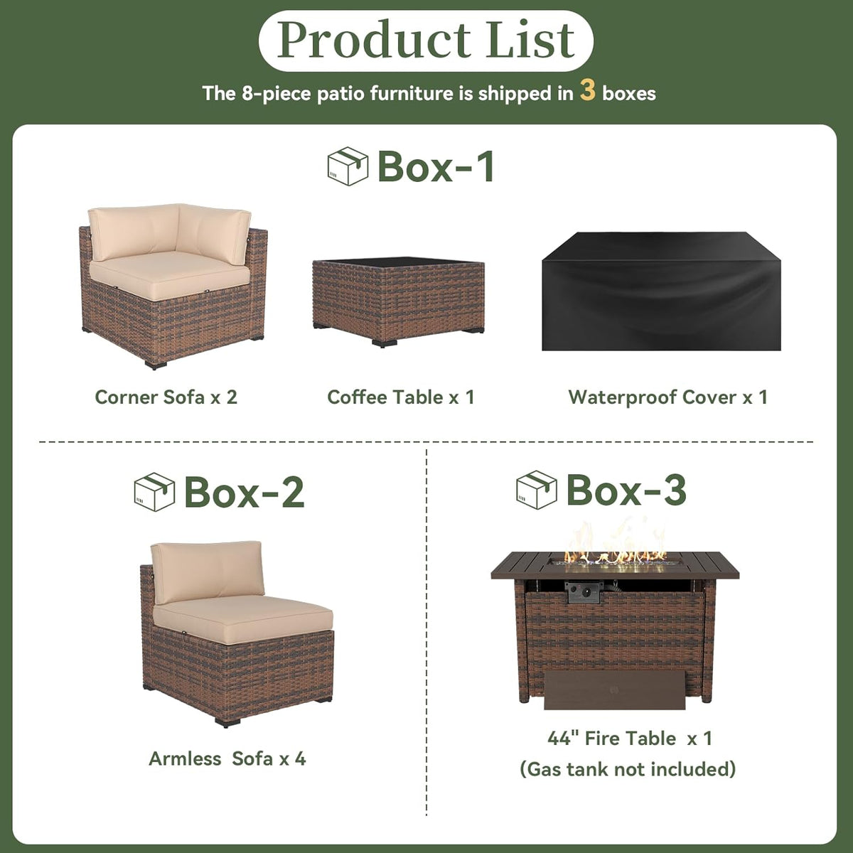 Aoxun 8 Piece Patio Sectional Sofa Set With 44in Fire Pit Table, Coffee Table And Beige Cushions