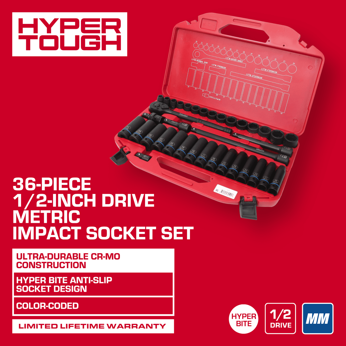 Hyper Tough 36-Piece 1/2-inch Drive Metric CRMO Impact Socket Set (mm)
