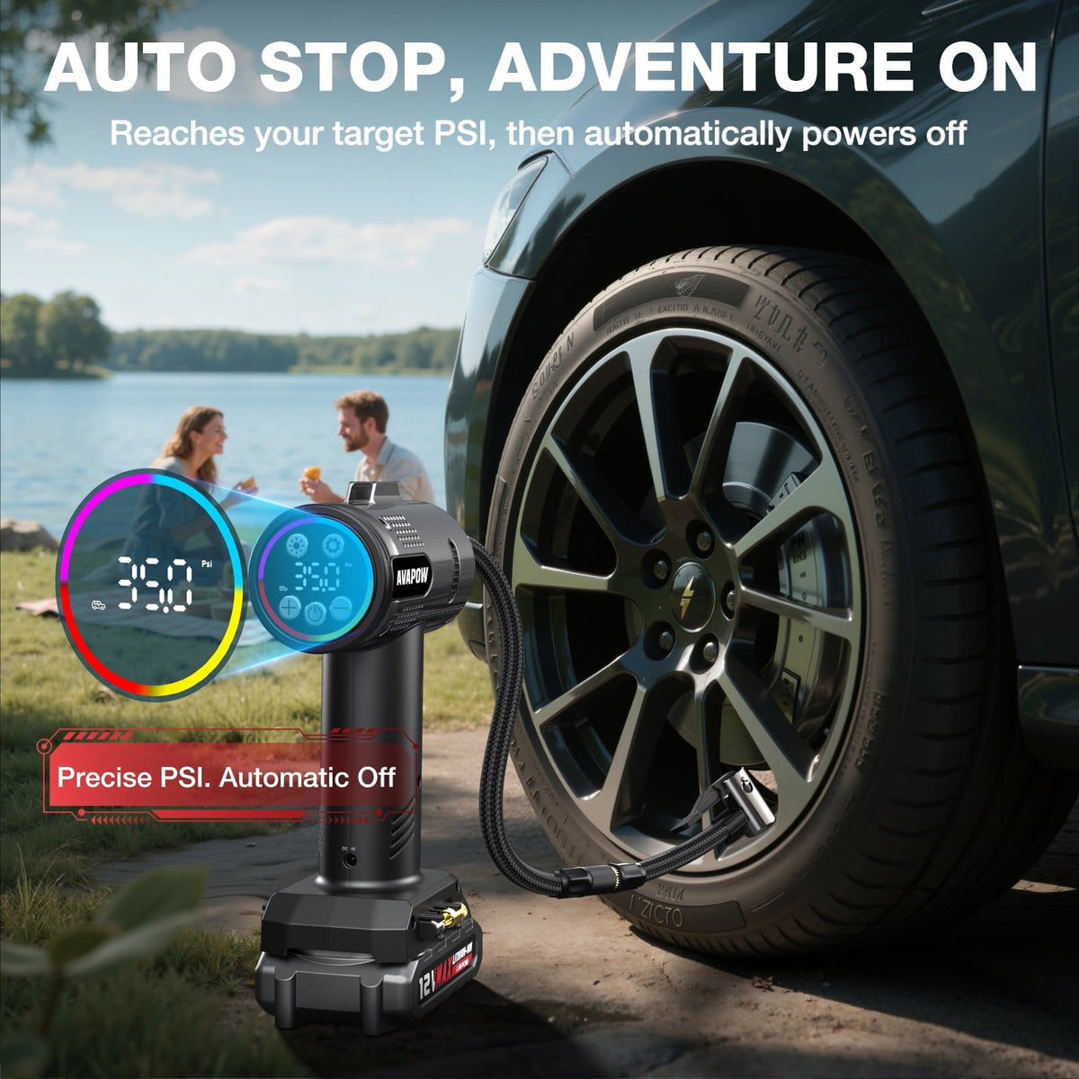 AVAPOW T12 Portable Tire Inflator, 160 PSI Cordless Dual Power Air Compressor with Rechargeable Battery, Digital Gauge and 12V Car Adapter