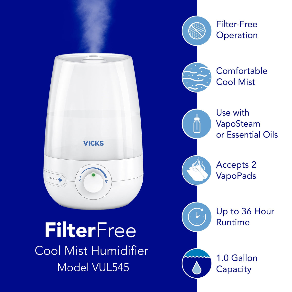 Vicks 1 gal 400 sq ft Ultrasonic Cool Mist Humidifier, White