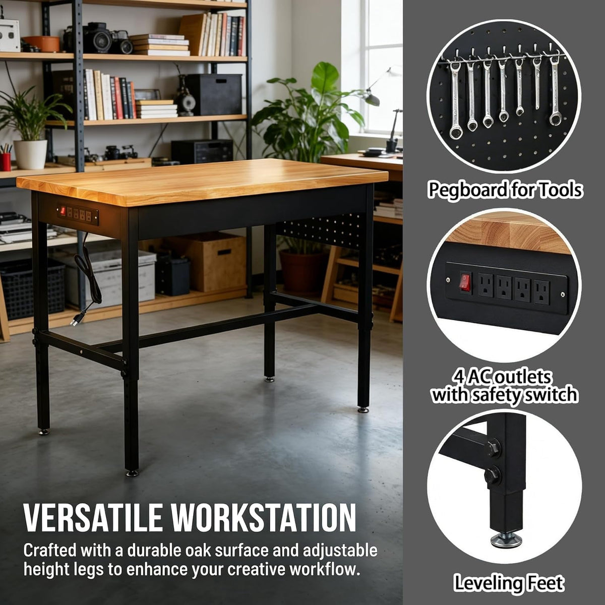 48 Inch Adjustable Workbench with Power Outlet, 2500 LBS Heavy Duty Hardwood Top Workbench, 6-Level Height Adjustable Garage Work Table with Non-Slip