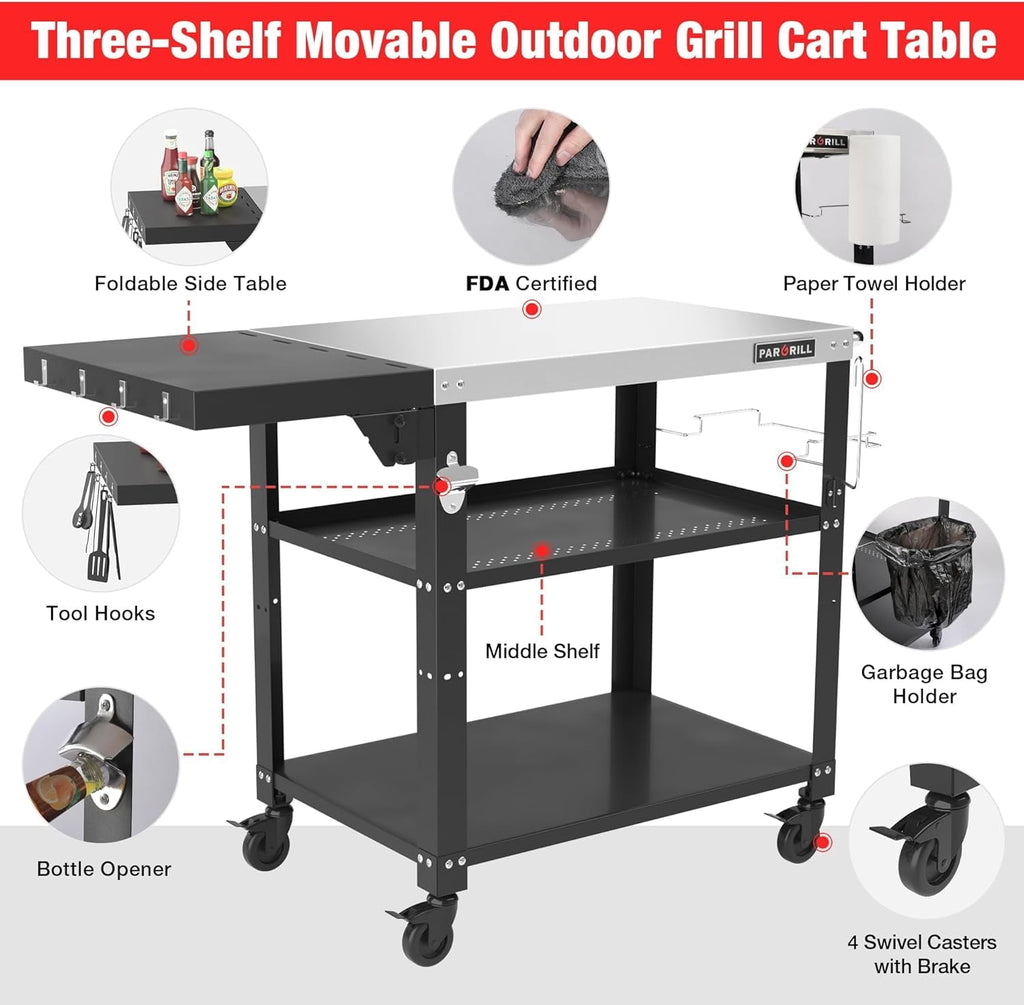 PARGRILL Three-Shelf Outdoor Grill Prep Utility Cart with Foldable Side Table, 46.6" x 20", 4 Lockable Casters，200 LBS
