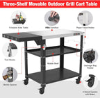 PARGRILL Three-Shelf Outdoor Grill Prep Utility Cart with Foldable Side Table, 46.6" x 20", 4 Lockable Casters，200 LBS