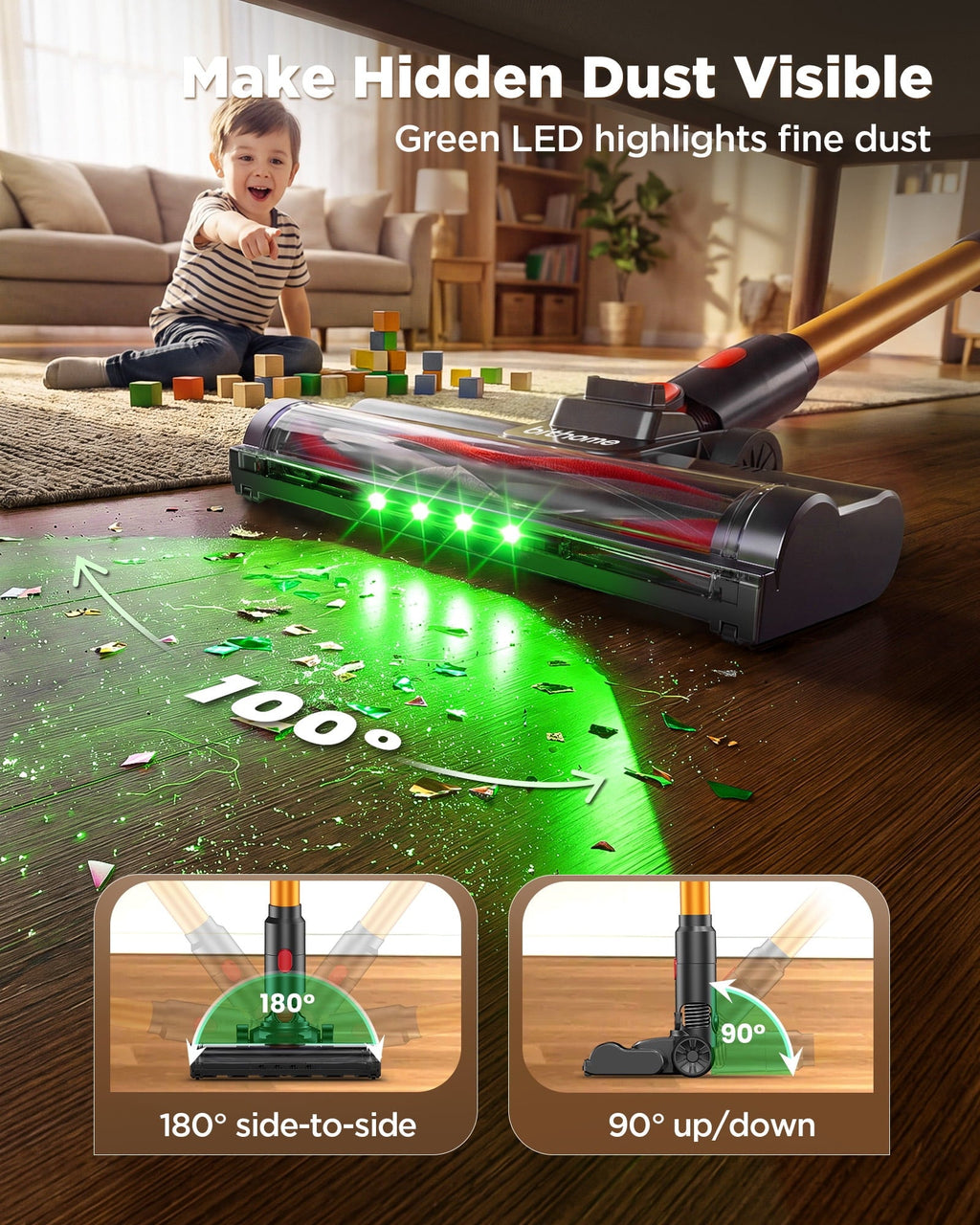 Cordless Vacuum Cleaner, 35KPa Stick Vacuum, Up to 34 Mins Runtime Lightweight Vacuum with Green LED Headlights, Self-Standing Handheld Vacuum for