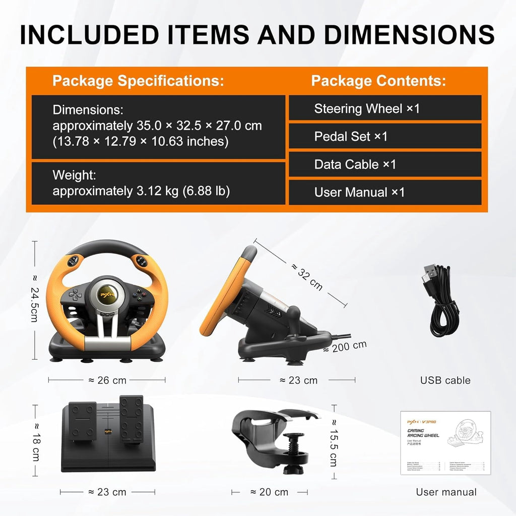 PXN V3 Racing Wheel, 180° Steering Wheel with Linear Pedals and Paddle Shifters, Compatible with Xbox Series X|S, PC, PS4 and Nintendo Switch, Orange