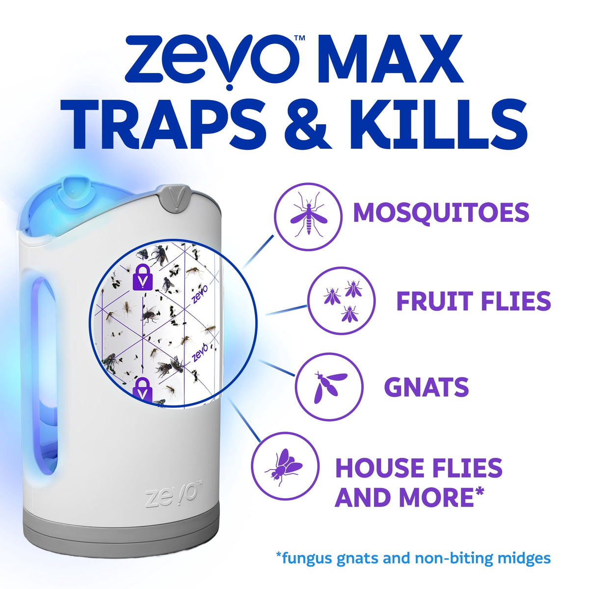 Zevo Max Flying Insect Indoor Fly Trap: Easy, Mess-Free Solution - Light Trap Catches & Kills House Flies, Fruit Flies, Gnats, & More (1 Plug in