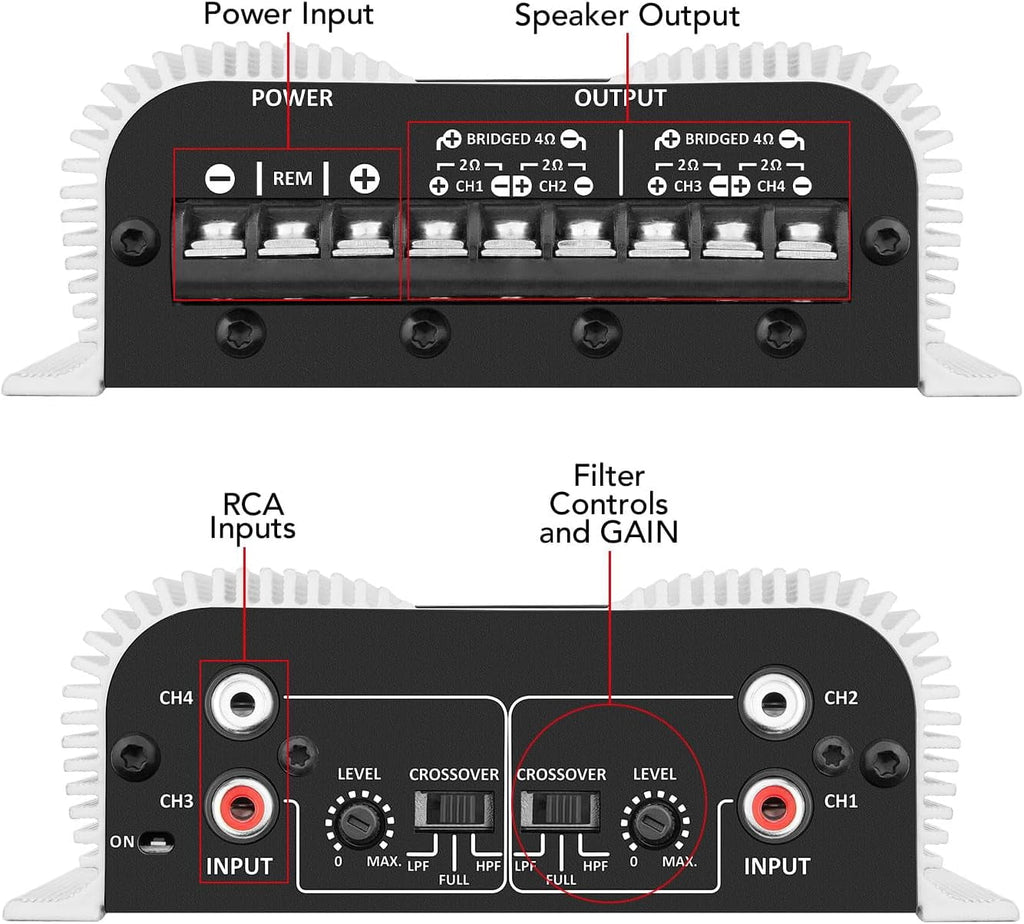 Taramps TS 400x4 400 watts RMS 4 Channels Full Range Car Audio Amplifier, 2 Bridged Channels, RCA Input Class D, Output Power, Multichannel Amplifier