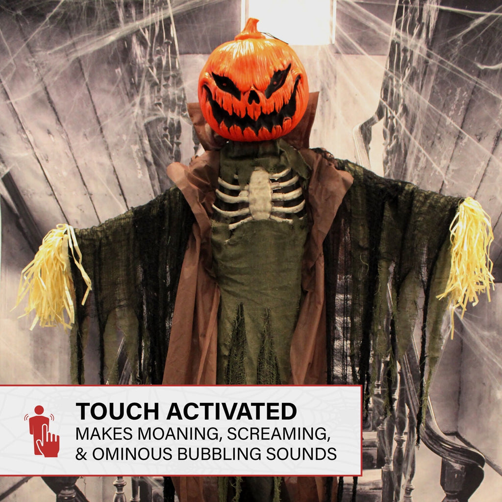 Haunted Hill Farm Life-Size Poseable 6.7-Ft. Pumpkin Scarecrow with Lights and Sound, Indoor or Covered Outdoor Halloween Decoration