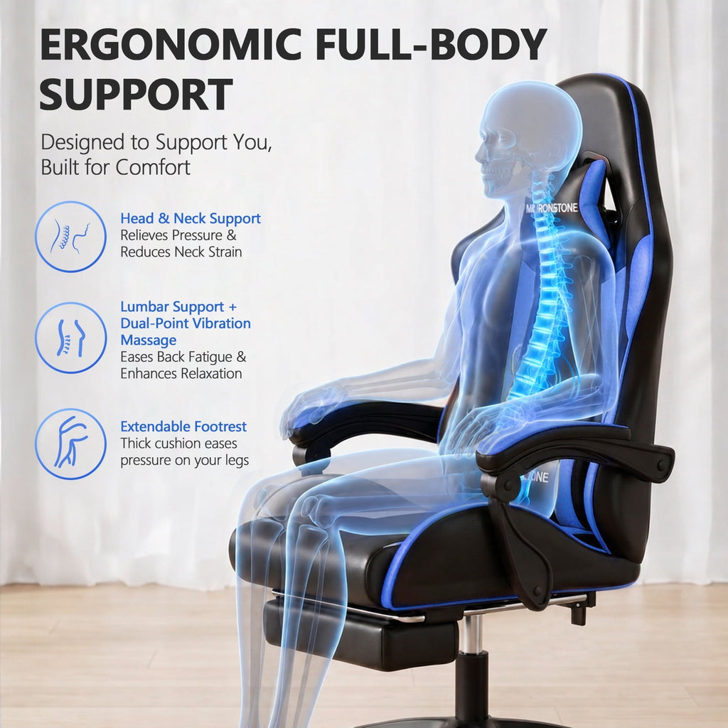 Mr IRONSTONE Ergonomic Gaming Chair with Massage Lumbar Support and Footrest, Heavy Duty 400lbs Computer Chair for Adults, Blue/Black