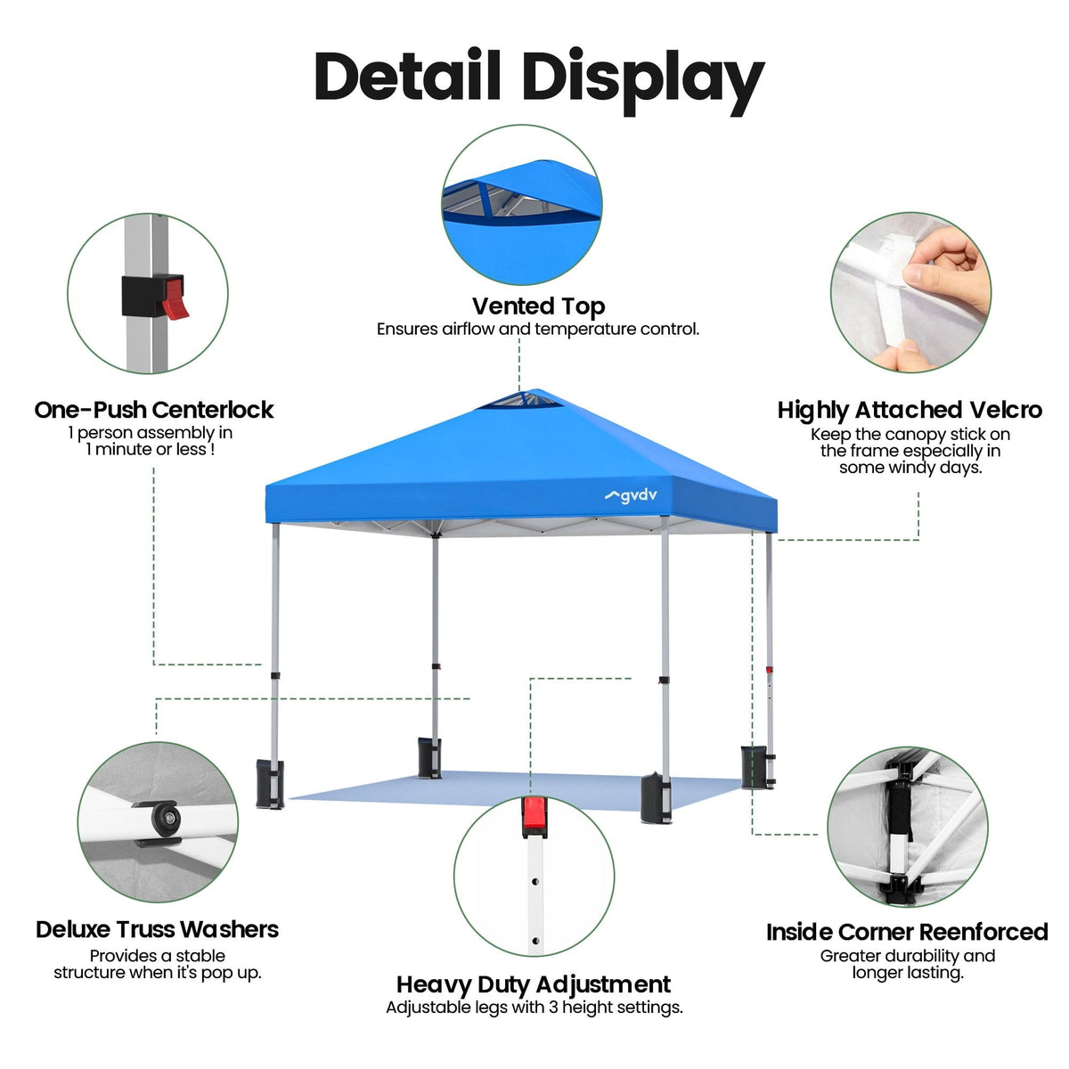 GVDV Canopy Tent, 10x10 Pop up Canopy Outdoor Shade with Wheeled Bag, Easy up Sun Shelter with Vents, Blue