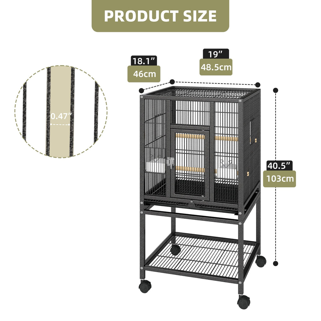 Uforic 41" Metal Bird cage with Rolling Stand, Tray, 2 Perches and 2 Feeders, Black