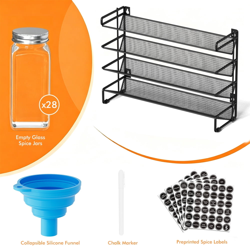 PLUMEBAY Spice Rack Organizer with 28 Jars, Black – Countertop or Wall Mount