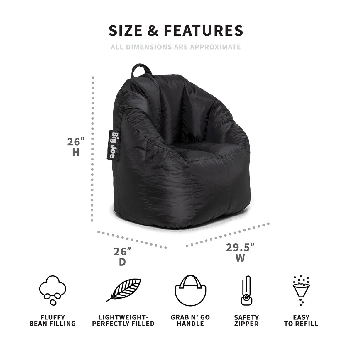 Big Joe Joey Bean Bag Chair for Kids/Teens, 2.5 ft Smartmax Lounge Chair, Easy-Clean & Lightweight, Black