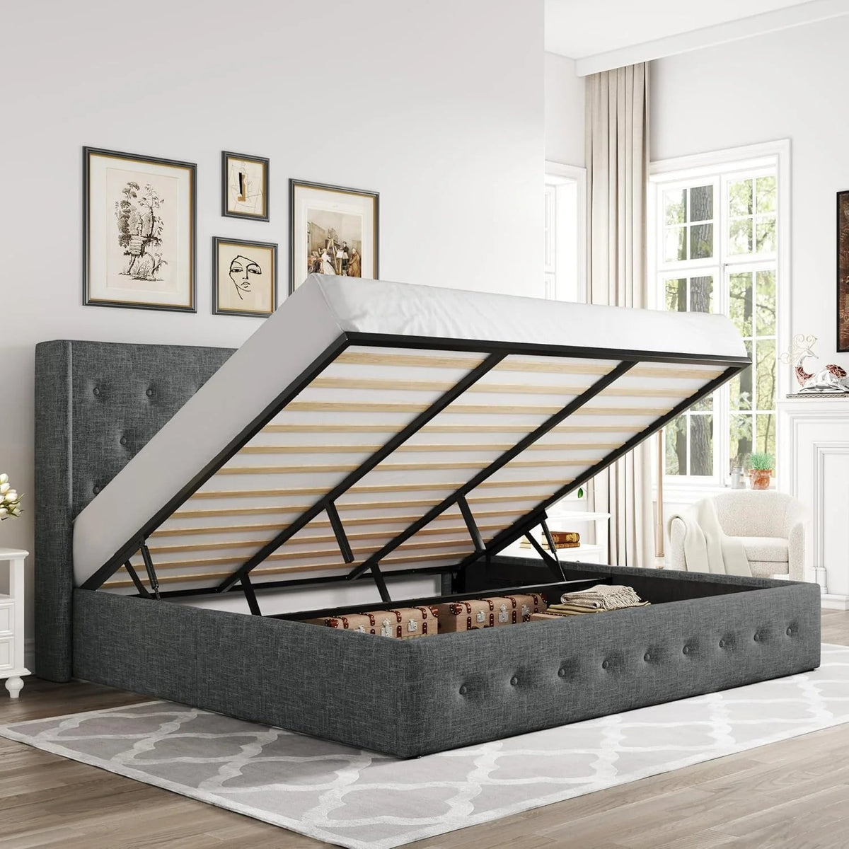 Allewie Queen Lift Up Storage Bed Frame With Wingback Headboard, Light Beige - 80.7 x 60.6 x 44.5 in
