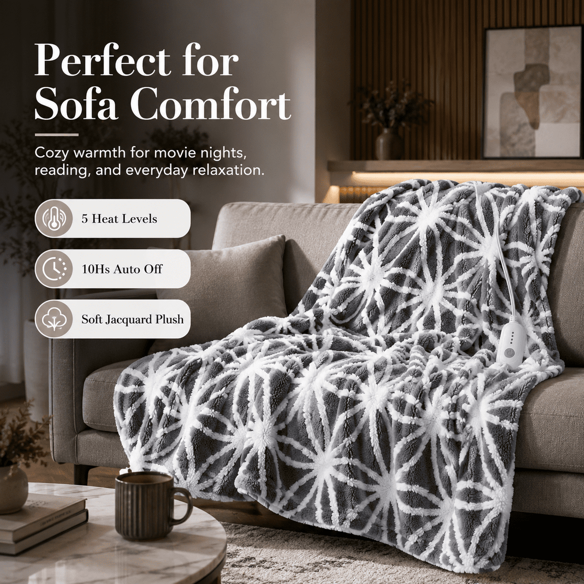 SUNNY HEAT Electric Heated Blanket 5 Heating Levels & 10 H Auto Shut Off, Warm Sherpa & Breathable, 72x84 Inch, Gray