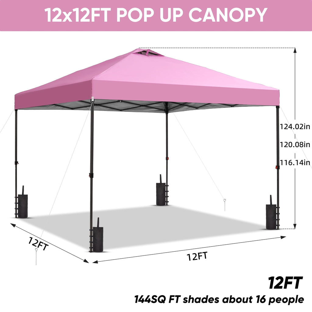 Ainfox 12'x12'Pop Up Canopy Tent Center Lock Windproof UV Shelter Wheeled Bag for Outdoor Events Parties Camping,Pink