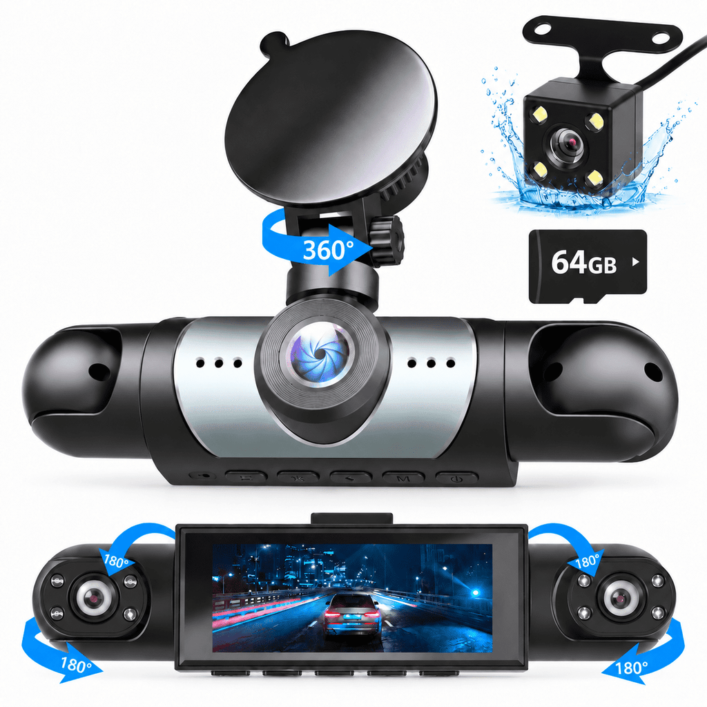 4-Channel Dash Cam with 1080P Front, Inside & Rear Cameras, Night Vision, HDR, G-Sensor, Loop Recording & 24HR Parking Mode