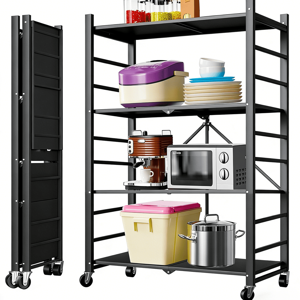 4-Tier Storage Shelving Unit, 397lbs Capacity Heavy Duty Metal Shelf , Foldable Storage Shelf with Wheels, Garage Shelf, Metal Storage Rack, Kitchen