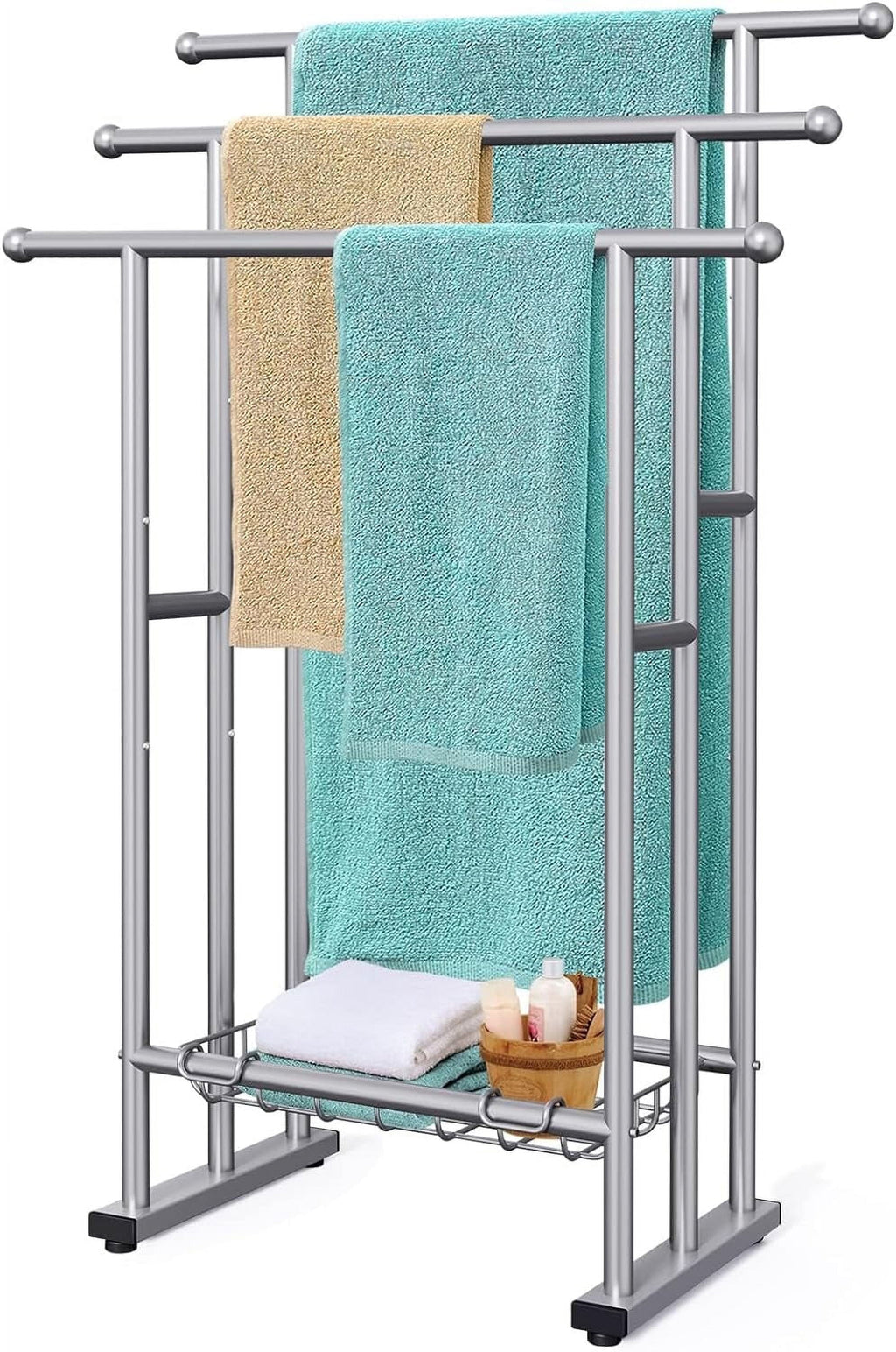 Kayfia 40" Tall Freestanding Towel Racks for Bathroom, 3 Tier Floor Towel Rack with Storage Basket Silver