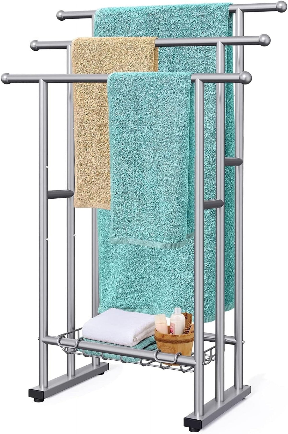 Kayfia 40" Tall Freestanding Towel Racks for Bathroom, 3 Tier Floor Towel Rack with Storage Basket Silver
