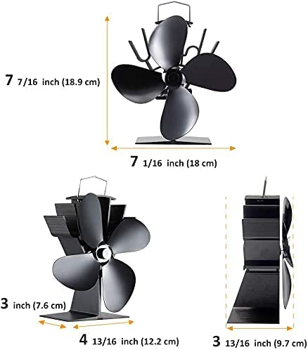 4-Blades Heat Powered Wood Stove Fan + Magnetic Thermometer, 122°F Start Non Electric Eco Fireplace Fan for Gas/Pellet/Log/Wood Burning Stoves