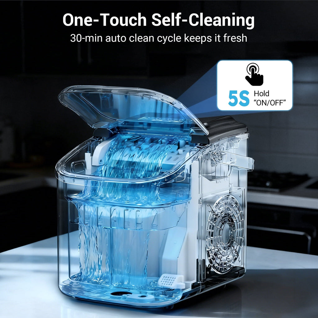 Snowyermine Countertop Ice Maker with Handle, 26 lbs/24H Portable Ice Machine, 2 Bullet Ice Sizes, 8 Cubes in 6 Minutes, Self-Cleaning for Home, Bar
