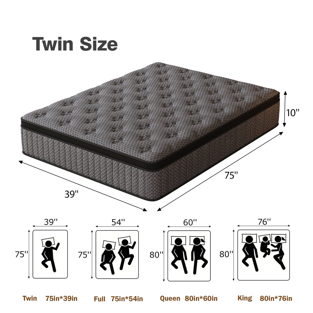 HIKOS 10 inch Twin Mattress in a Box, Cooling Gel Memory Foam Hybrid Mattress with Individually Wrapped Pocket Coils, Medium Firm Twin Size Mattress