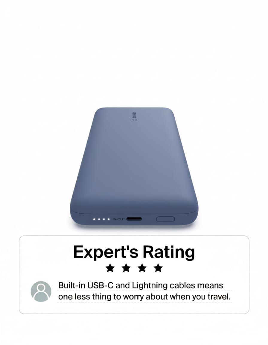 Belkin 10000mAh 23W Portable Power Bank w/ Integrated USB C and LTG Cables