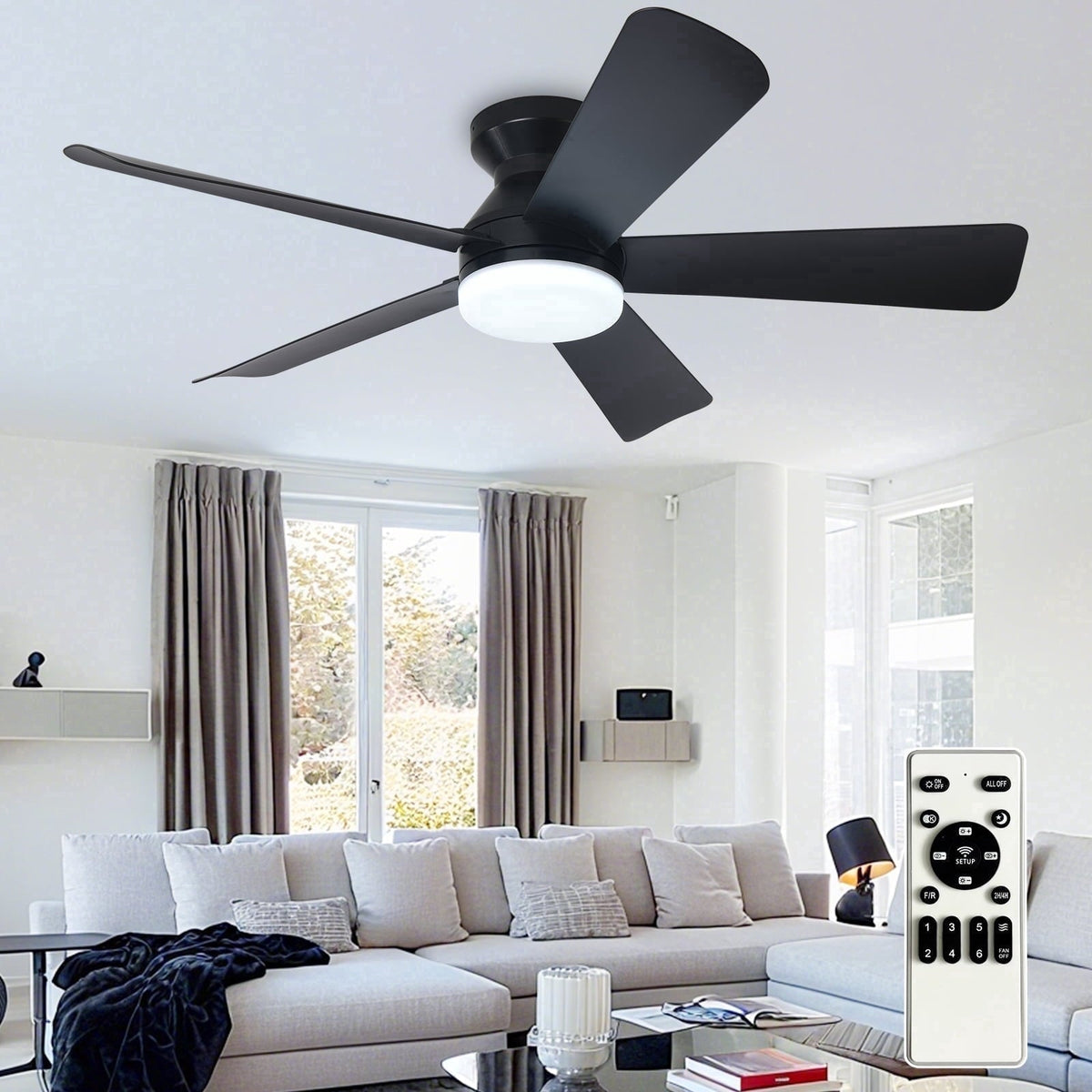 42-Inch Low Profile Ceiling Fan with Light - Dimmable LED, 6-Speed and 3 CCT, Quiet DC Motor, Remote Control, 5 Black Blades for Indoor/Outdoor