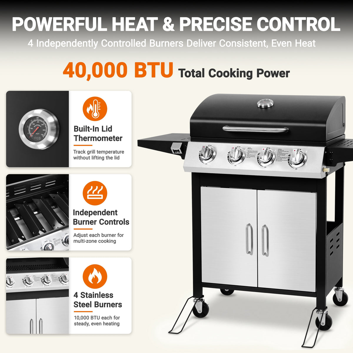 SEGMART 4 Burner BBQ Propane Gas Grill, Stainless Steel 40,000 BTU Patio Garden Barbecue Grill with Folding Side Tables, Thermometer & Bottle Opener