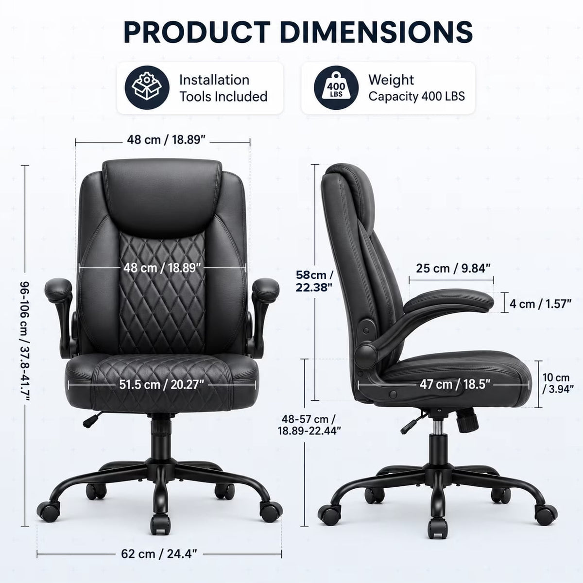 CloudRest Pro Office Chair, 400LBS Wide Seat Ergonomic Computer Desk Chair High Back Executive Leather Chair Adjustable Task Chair Lumbar Back, Black