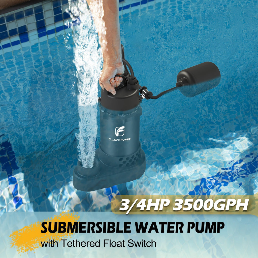 FLUENTPOWER 3/4 HP Cast Aluminum Submersible Sump Pump, 3500 GPH, Tethered Float Switch
