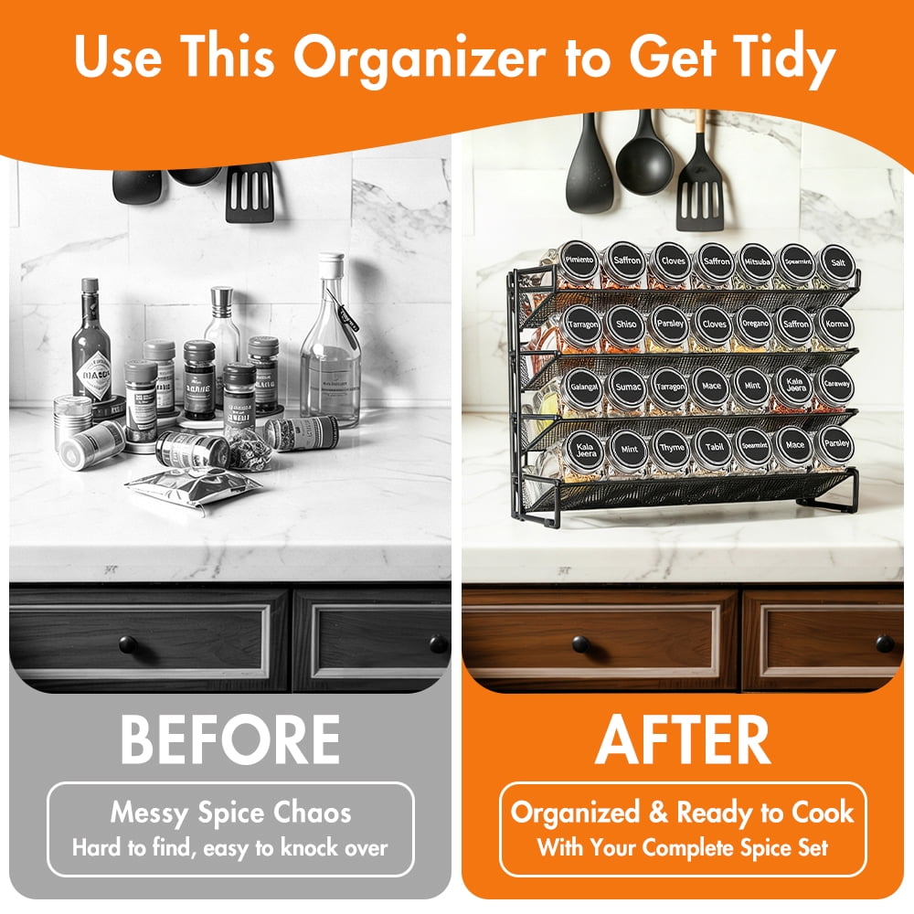 PLUMEBAY Spice Rack Organizer with 28 Jars, Black – Countertop or Wall Mount