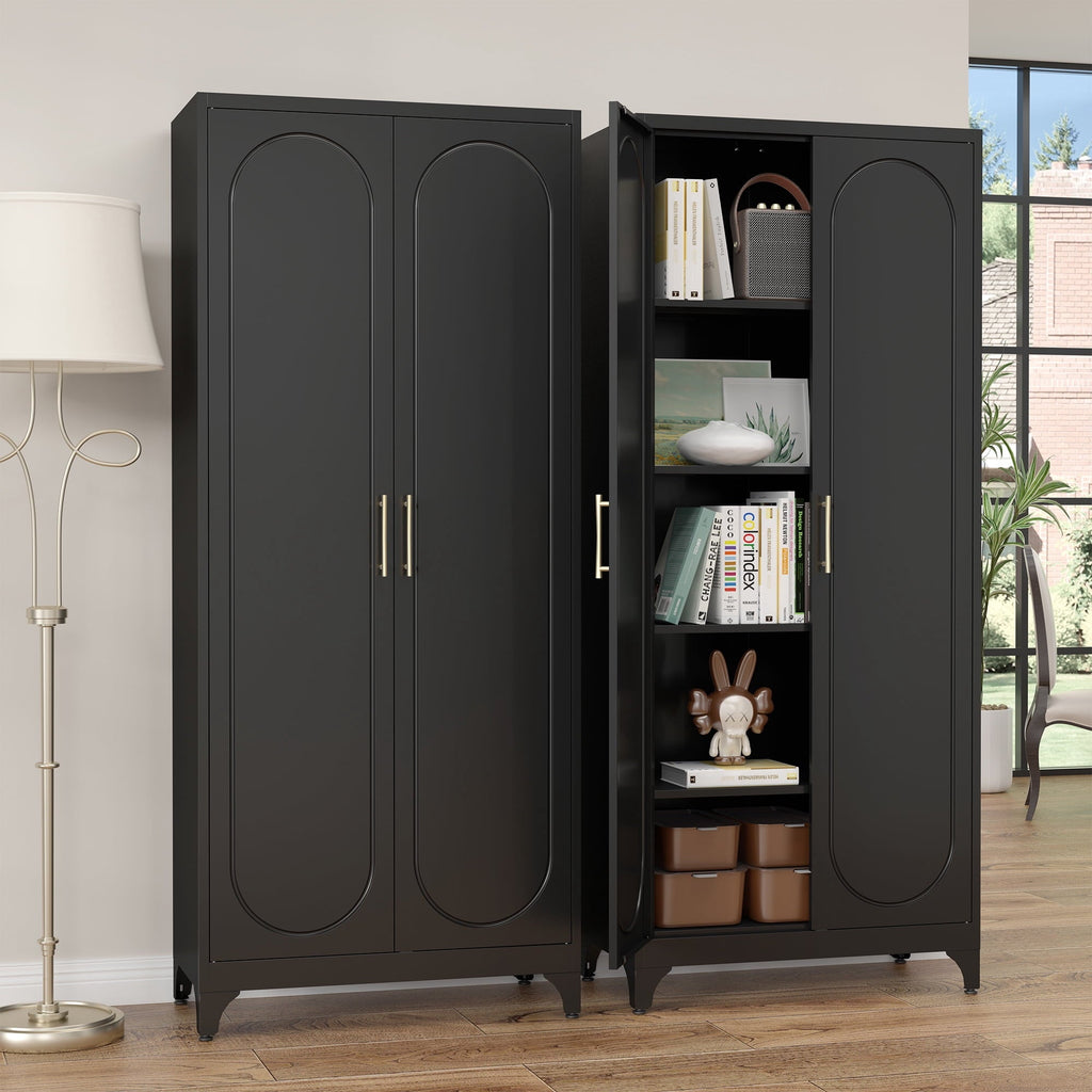Polup Modern Tall Metal Kitchen Storage Pantry Cabinet, 75" H, Adjustable Shelves, Doors, Black