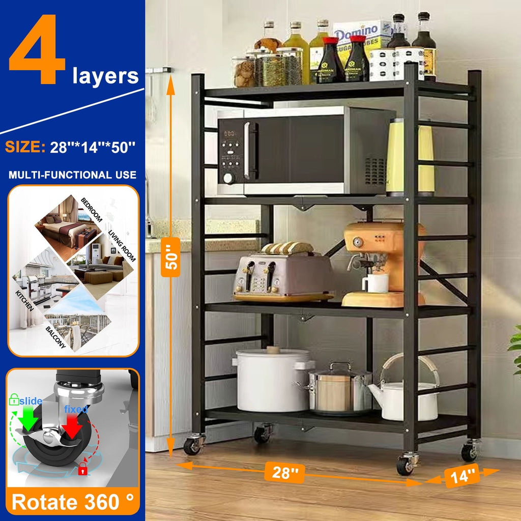 4-Tier Storage Shelving Unit, 397lbs Capacity Heavy Duty Metal Shelf , Foldable Storage Shelf with Wheels, Garage Shelf, Metal Storage Rack, Kitchen