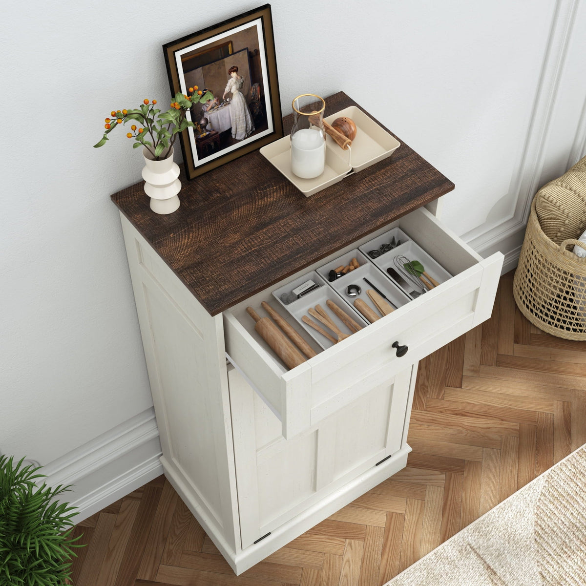 Blotout 13 Gallon Tilt Out Trash Cabinet, Hidden Wooden Trash Can with Drawer, Pet Proof Freestanding Kitchen Recycling Cabinet for Kitchen, Kitchen
