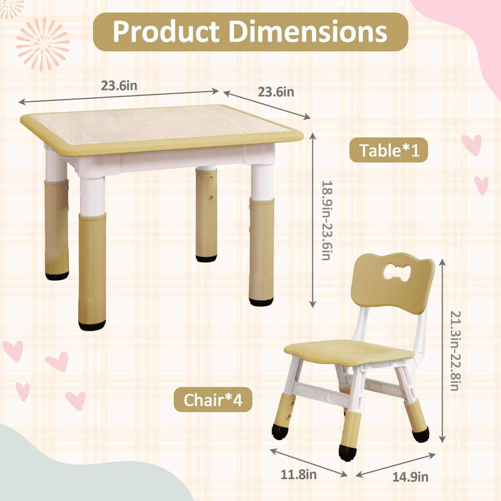 TROPOW Kids Table and Chairs,Height Adjustable Toddler Table and 4 Chair,Multi-Activity Table with Graffiti Desktop Non-Slip Legs for Ages 2-10