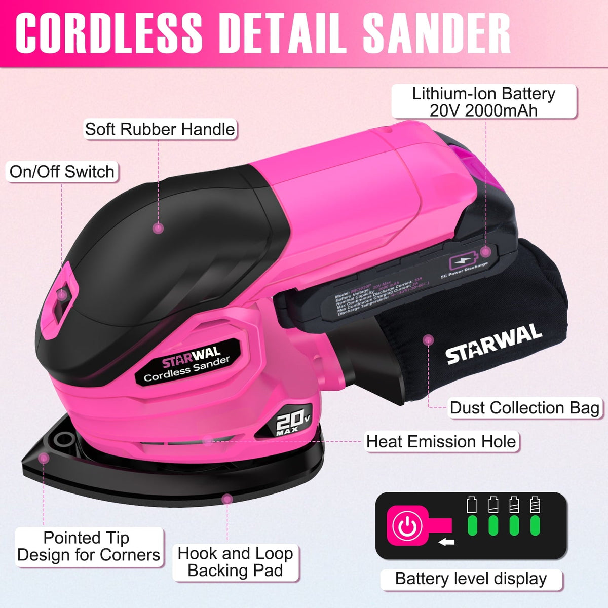 Starwal 20V Cordless Detail Sander - 12000 RPM Electric Hand Sander, Compact Palm Sander for Tight Spaces Woodworking, 2*2.0Ah Batteries and Charger