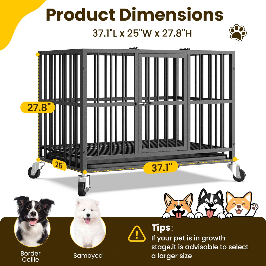 Time Ray 38 inch Dog Crate for Medium Dog with Steel Escape Proof,Heavy Duty Indestructible Dog Kennel with Double Doors,Lockable Wheels and